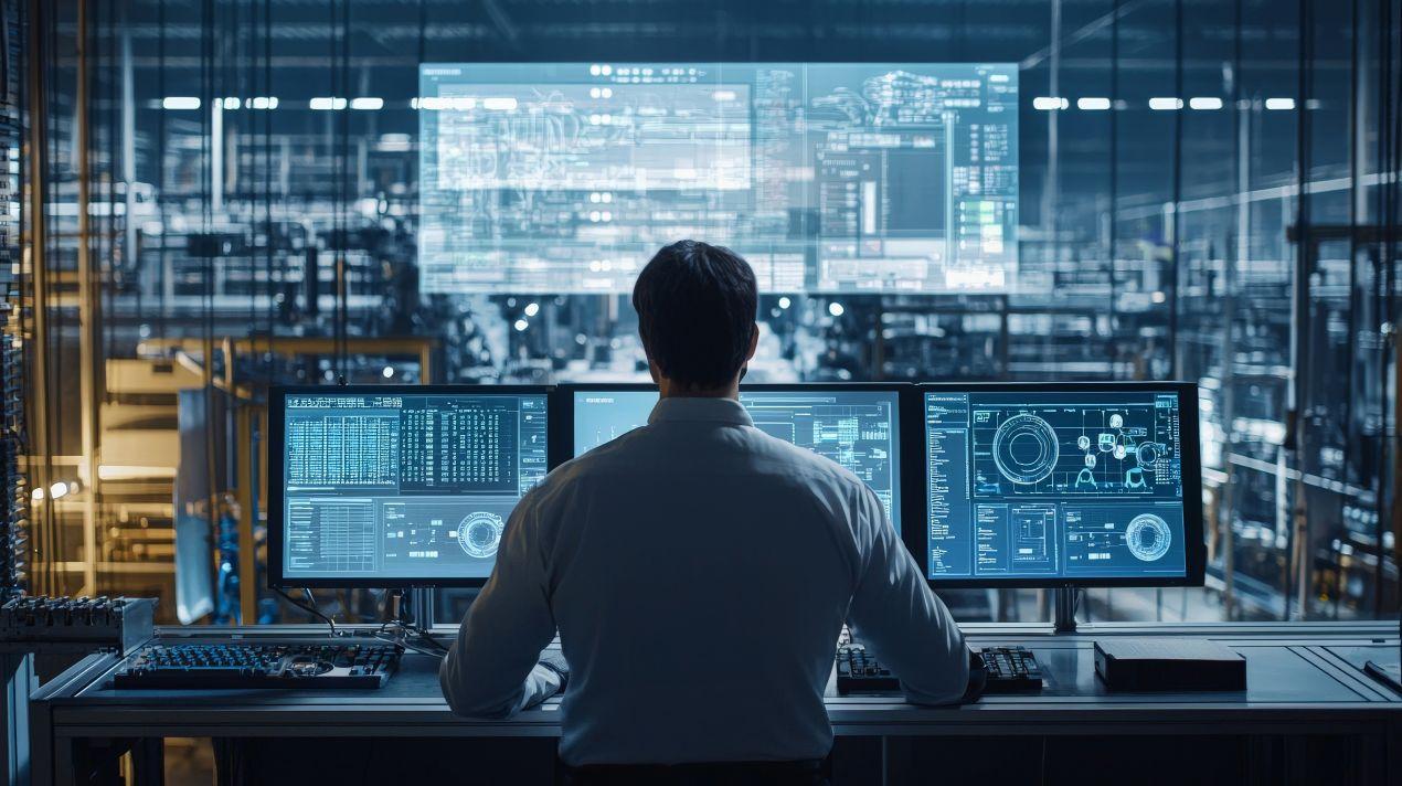 Ein Produktionsleiter überwacht mit einer Produktionsplanung Software KI-gesteuerte Prozesse auf mehreren Bildschirmen in einer automatisierten Fabrikhalle.