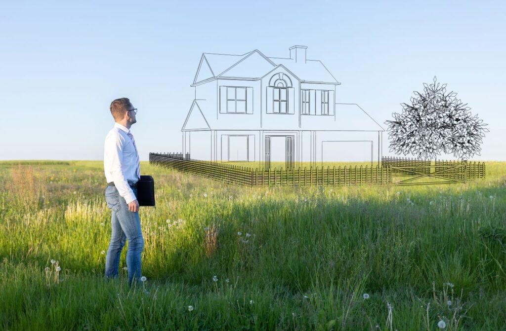 Hausbau strategisch planen: Mann steht auf Wiese vor virtuellem Haus – Steuerberatung Deggendorf fuers langfristige Denken